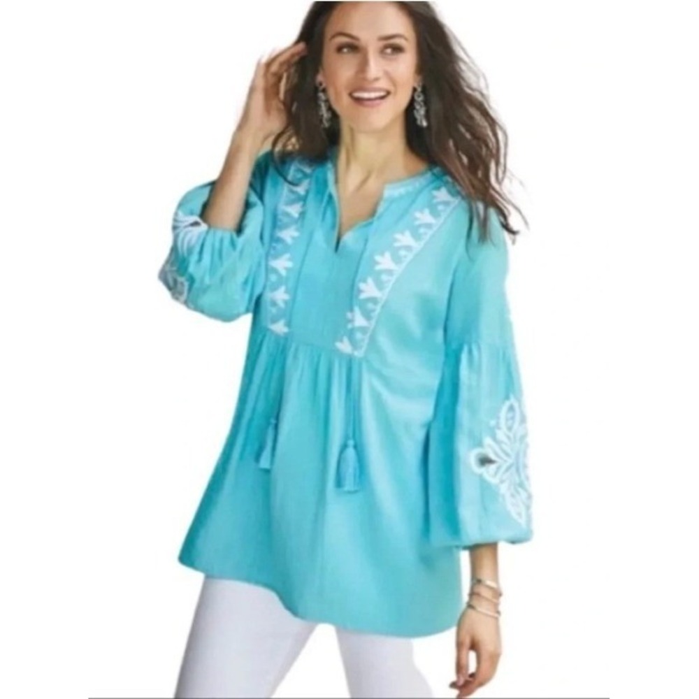 Soft Surroundings Boho Embroidered Tassel Marissa Top Turquoise Blue Size Large